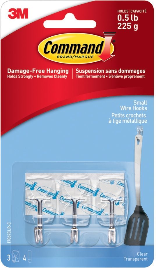 Command Small Wire Hooks with Adhesive Strips, Clear, 0.5-lbs, 3 Strips per Pack M0