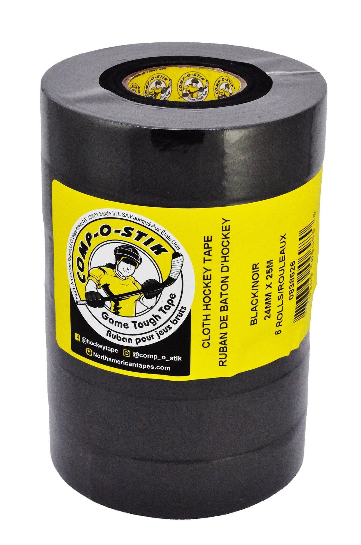 Comp-o-stik or R-Brand Cloth Hockey Tape, Assorted Colours, 24-mm x 25-m, 6-pk