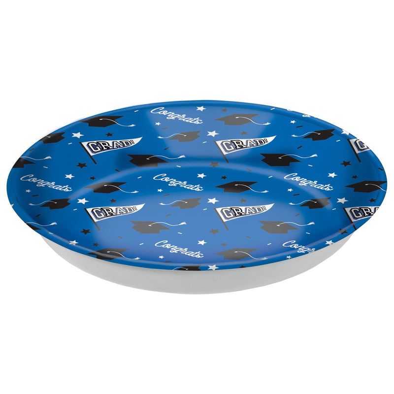 "Congrats Grad" Round Plastic Reusable Serving Bowl, Blue, 14-in, for Graduation J2