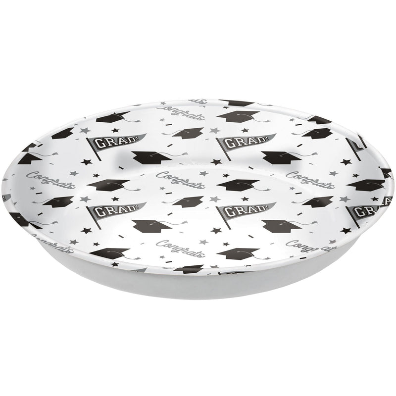 "Congrats Grad" Round Plastic Reusable Serving Bowl, White, 14-in, for Graduation E9