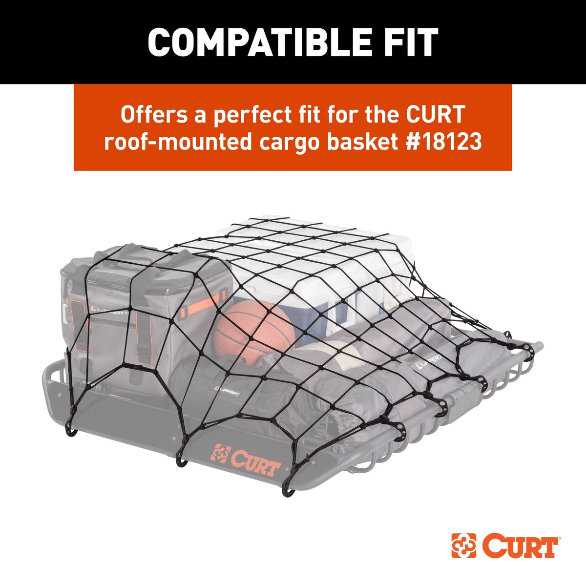 CURT 18218 Elastic Cargo Net with Hooks for Roof Basket, 44 x 36-in