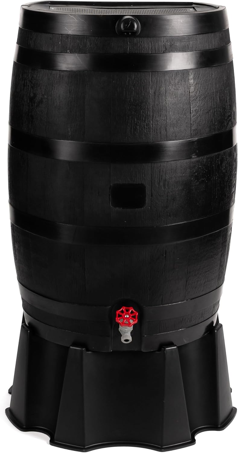 RTS Home Accents 50-Gallon ECO Rain Barrel Made with 100% Recycled Plastic, Flat Back Rain Water Collection Barrel, Black N3