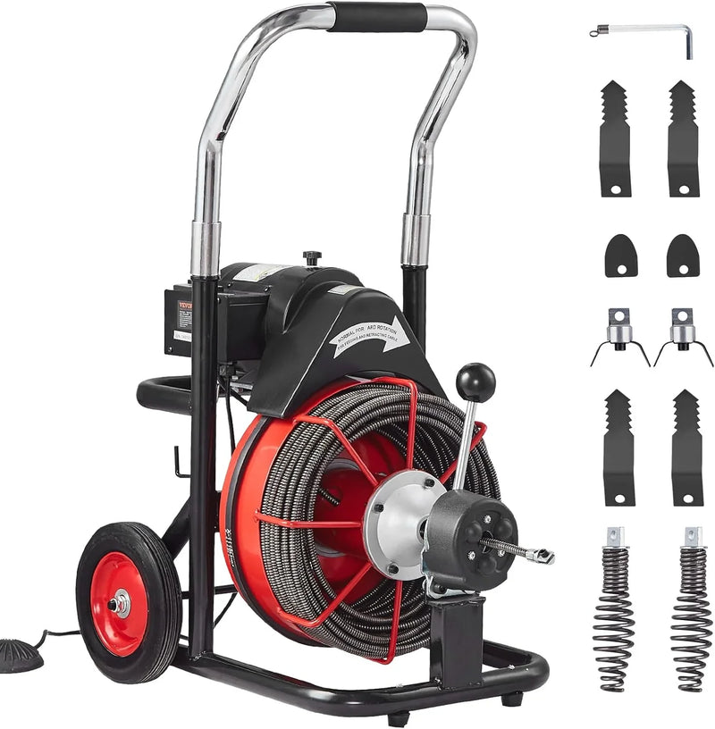 Drain Cleaner Machine 100FT x 1/2 Inch, Auto Feed Sewer Snake Auger on Wheels, 550W Portable Drain Cleaning Machine with 8 Cutters & Air-activated Foot Switch for 2" to 4" Pipes H5