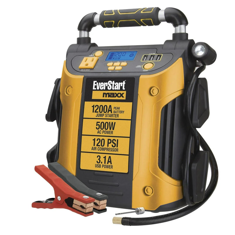J5CPDE Jump Starter, Power Station, 1200 Peak Battery Amps with 500W Inverter and 120 PSI Compressor L6