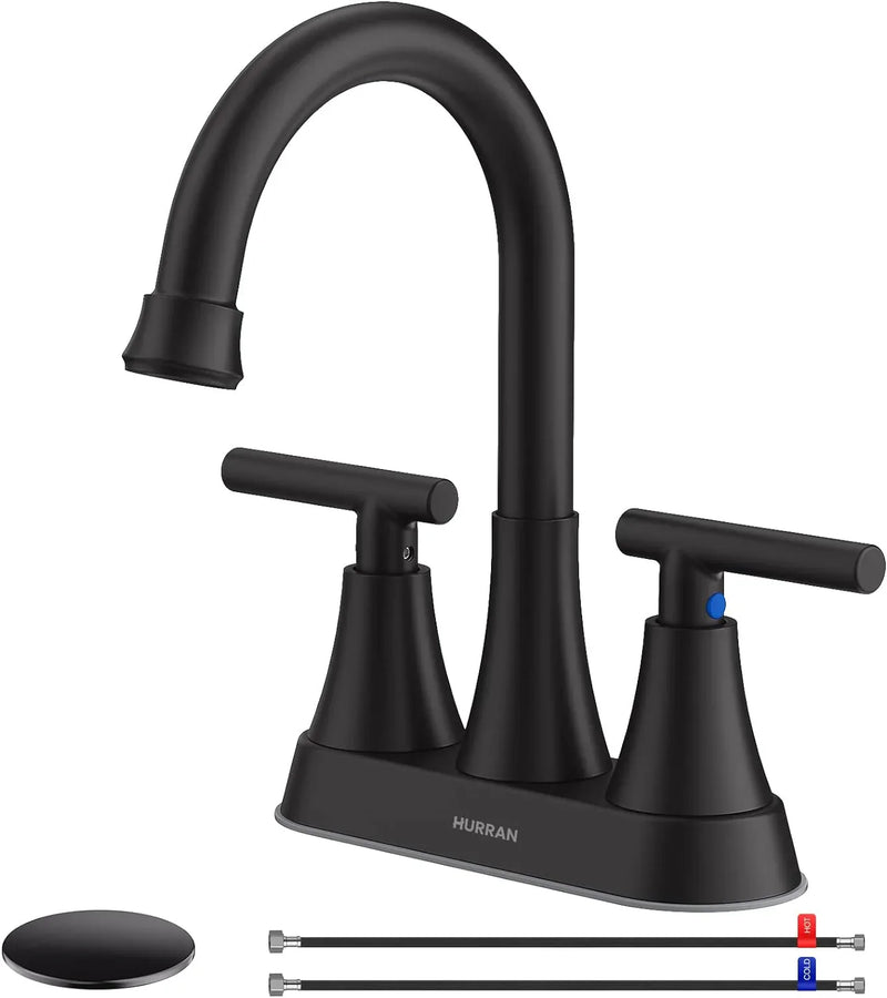Bathroom Faucets for Sink 3 Hole, Hurran 4 inch Matte Black Bathroom Sink Faucet with Pop-up Drain D1