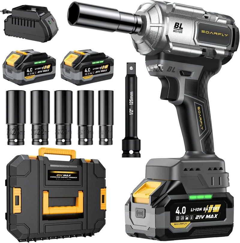 Cordless Impact Wrench, 1200Nm(900ft-lbs) High Torque 1/2'' Impact Wrench, 21V Brushless Electric Impact Gun with 2Pcs 4.0Ah Batteries, 1 Hour Fast Charger, 5 Sockets, Power Impact Driver for Car Home W5