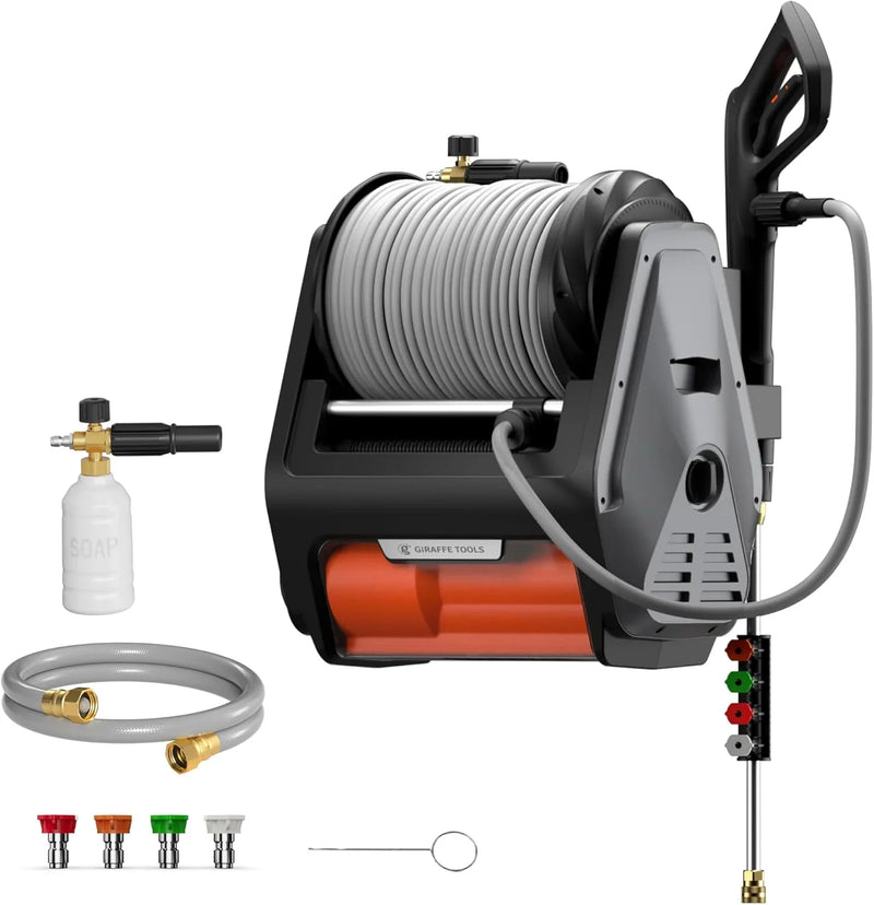 Pressure Washer Pro, Electric Wall Mount Power Washer with 100FT Retractable Pressure Hoses, 3300PSI, 1.6GPM, 4 Nozzles, Foam Cannon for Cars/Patios, Dark Silver D0
