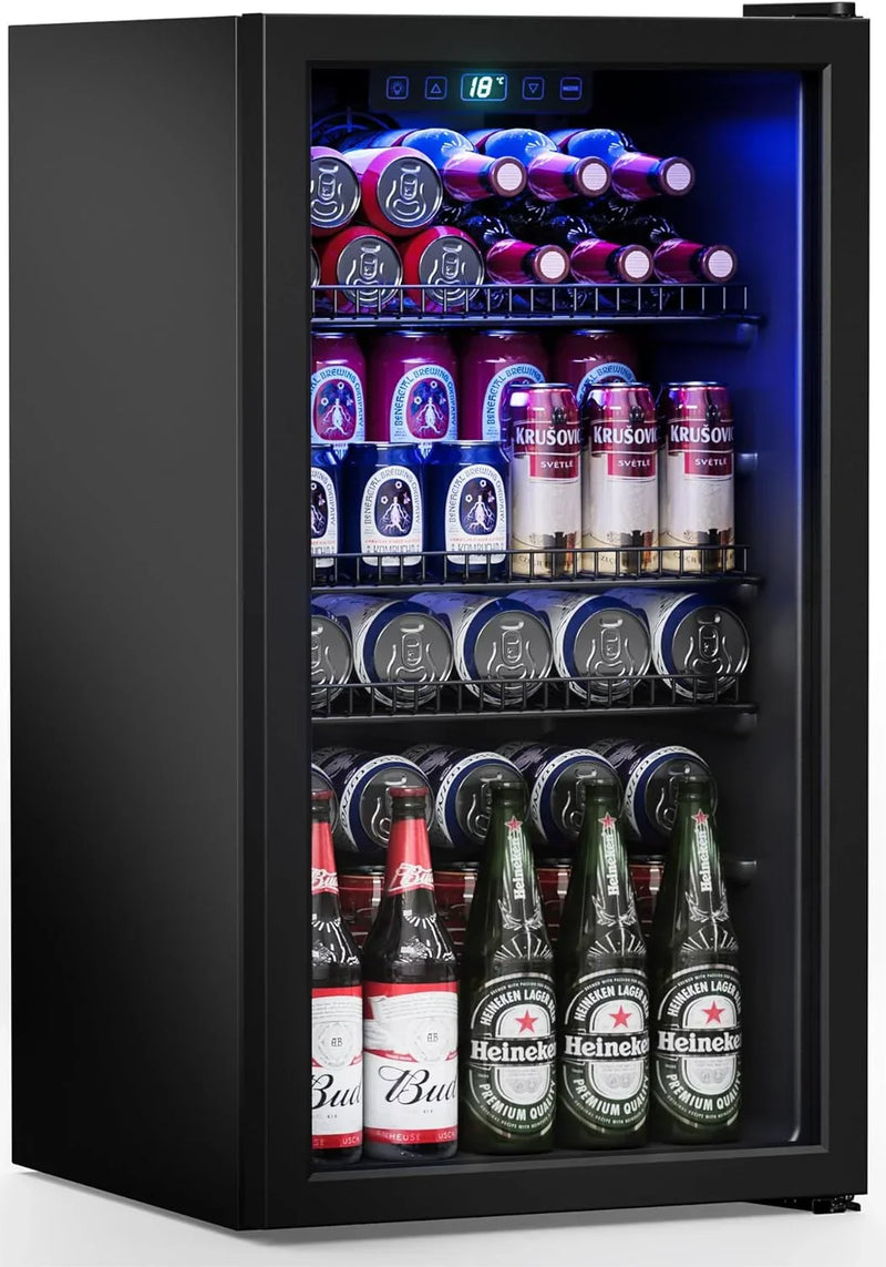 Refrigerator Cooler-120 Cans Freestanding Mini Fridge Cooler with Glass Door, Adjustable Shelves & Digital Temperature Display for Soda, Wine or Beer (Black, 3.2 Cu.Ft) Y7