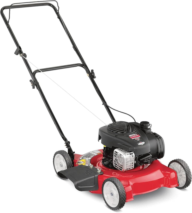20-inch steel cutting deck, side-discharge gasoline-powered push lawn mower, with engine oil, available in red and black, suitable for outdoor yards. S9