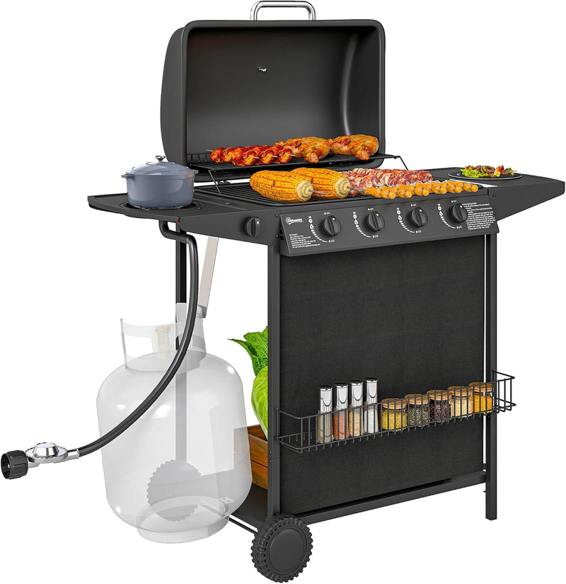 4 1 Burner Propane Gas BBQ Grill, Portable Gas Barbecue Grill with Side Burner, Thermometer, Lid, Side Table, Shelf, Spice Rack, Wheels, Grease Cup for Garden, Black V8