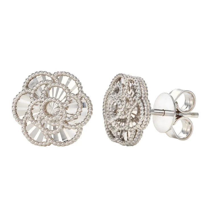 Diamond Cut Textured Flower Stud Earrings in White Gold L8