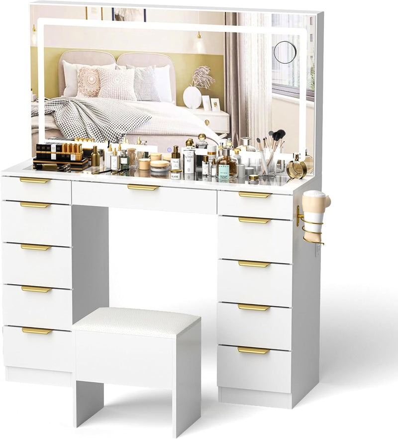 Glass Top Vanity Desk with Mirror and Lights, 11 Drawers Makeup Vanity with Golden Handles, 3 Lighting Modes Upgraded Silent Slides Vanity Desk with Bench, Portable Mirror and Power Putlet C1