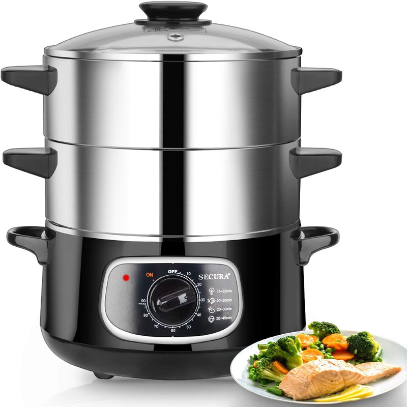 2 stainless steel food steamers, 8.5 liters capacity, electric glass-covered vegetable steamer, double-layer stackable steaming basket, with timer included U9