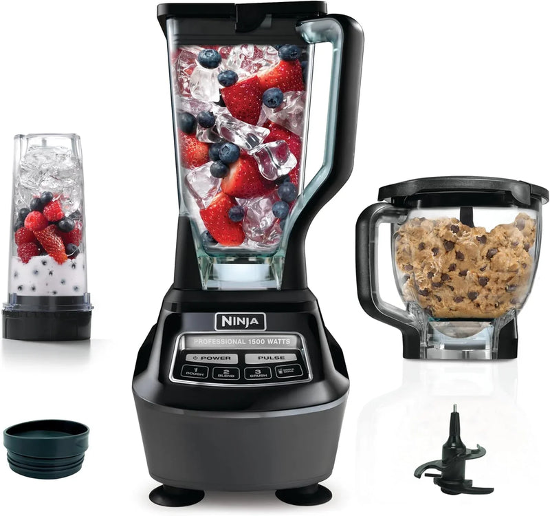 Blender, Mega Kitchen System, 1500W, 4 Functions for Smoothies, Processing, Dough, Drinks & More, with 72 Blender Pitcher, 64 Processor Bowl, 2 Nutri Cups Lids, Black, BL770 R4