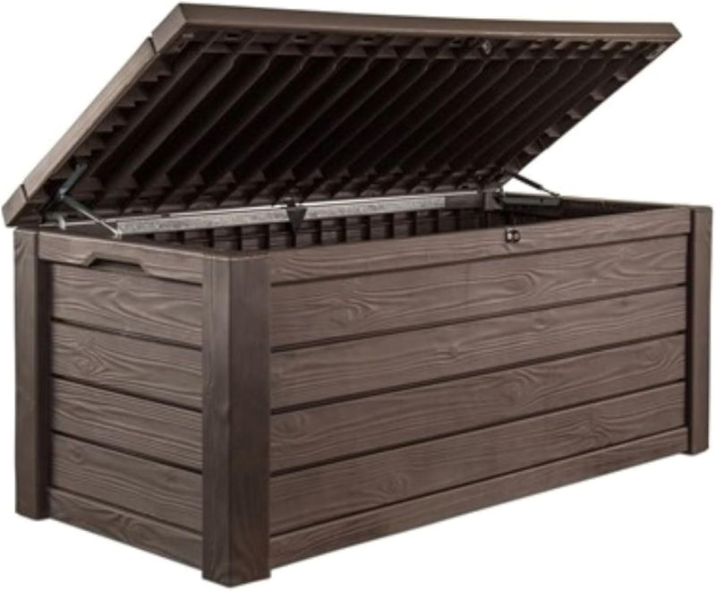 570-liter storage box, all-weather resin boat-shaped storage box, and stylish outdoor bench with piston-assisted lockable lid and side handles, dark coffee color version D5