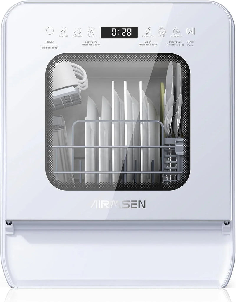 Desktop dishwasher set, double-layer shelf design, portable dishwasher, built-in 5-liter water tank, 3 spray arms, 12-hour delay start, no need to connect power supply, white model E8