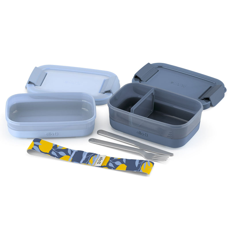 ello Stackable Bento Lunch Food Storage Container with Stainless Steel Flatware, Blue, 2-pk N7