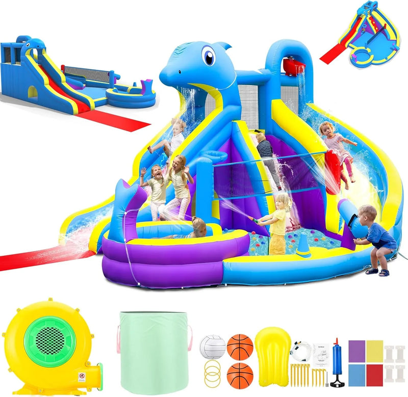 11-in-1 Inflatable Water Slide & Dolphin Bounce House w/2 Long Slides, 19.7 Ft x 13.1 Ft Extra Large Waterslide Climbing Wall w/Small Deeper Pool,Water Cannons,Hoop for Kids Backyard,550W Blower A0