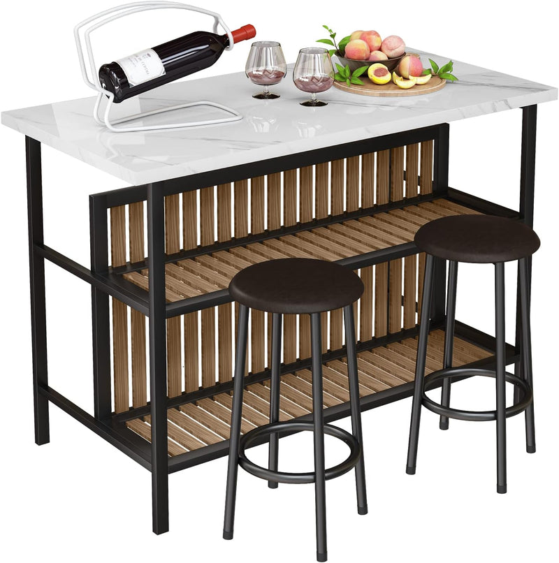Kitchen Island with Seating & Storage Shelf, Faux Marble Island Table for Kitchen, Modern Bar Table and Chairs Set for 2,Dining Table Set for Small Space,White A2