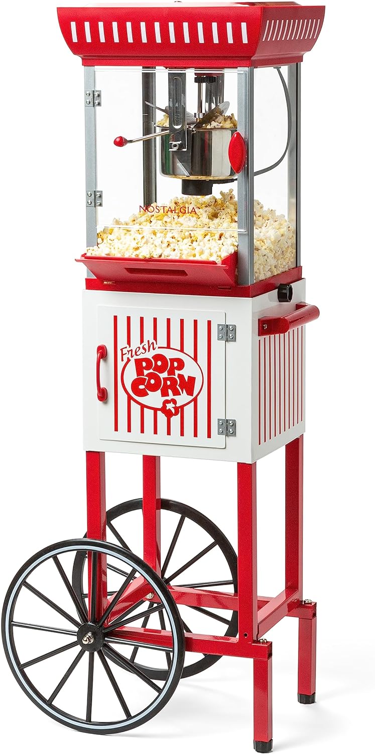 Popcorn Maker Machine - Professional Cart With 2.5 Oz Kettle Makes Up to 10 Cups - Vintage Popcorn Machine Movie Theater Style - Red & White C3