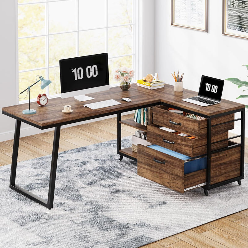 L-Shaped Computer Desk with 3 Drawers, Reversible Corner Home Office Desk with Shelves, 53-Inch Industrial PC Desk Study Writing Table Workstation for Small Space, Rustic Brown P4