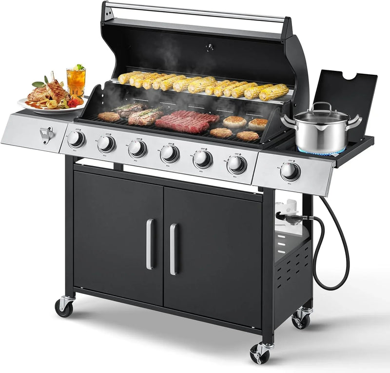Upgraded 4 Burner BBQ Propane Gas Grill with Cast Iron Grates & Side Stove, 44,000 BTU Stainless Steel Burner Barbecue Grill for Patio, Camping, Outdoor Cooking MELLCOM N7