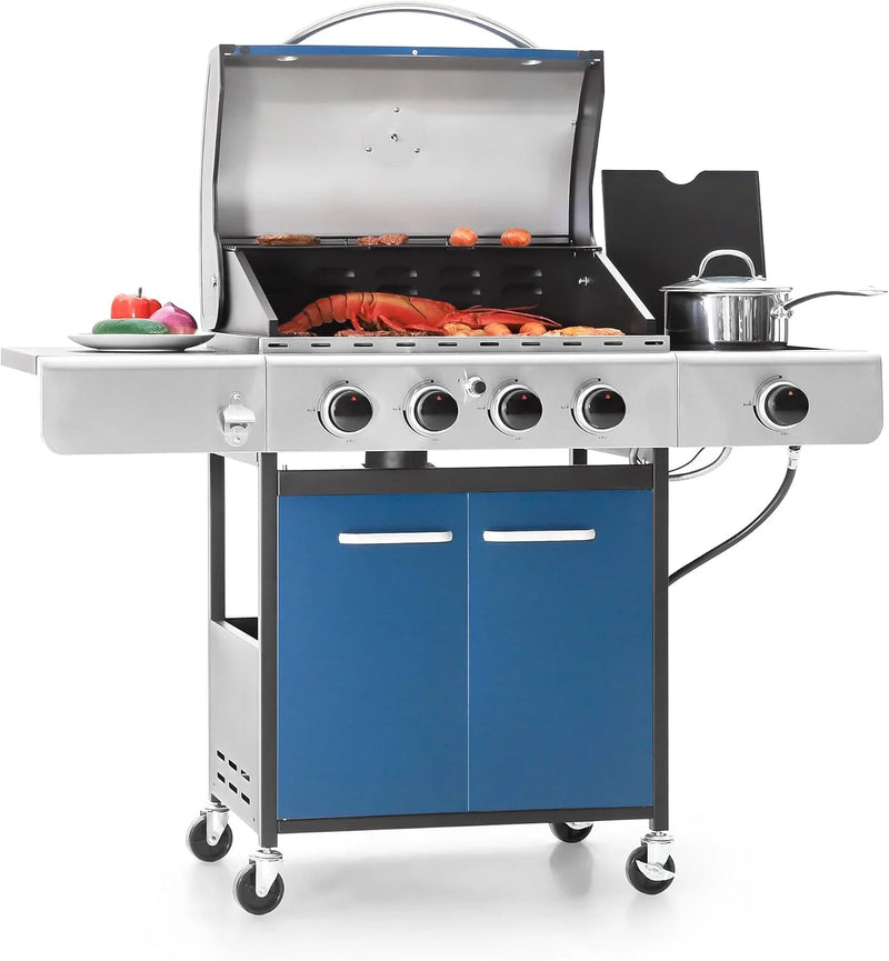 Burner Propane Gas BBQ Grill with Side Burner & Porcelain-Enameled Cast Iron Grates, 42,000 BTU Output Stainless Steel Grill for Outdoor Cooking Kitchen and Patio Backyard Barbecue-Captiva E4