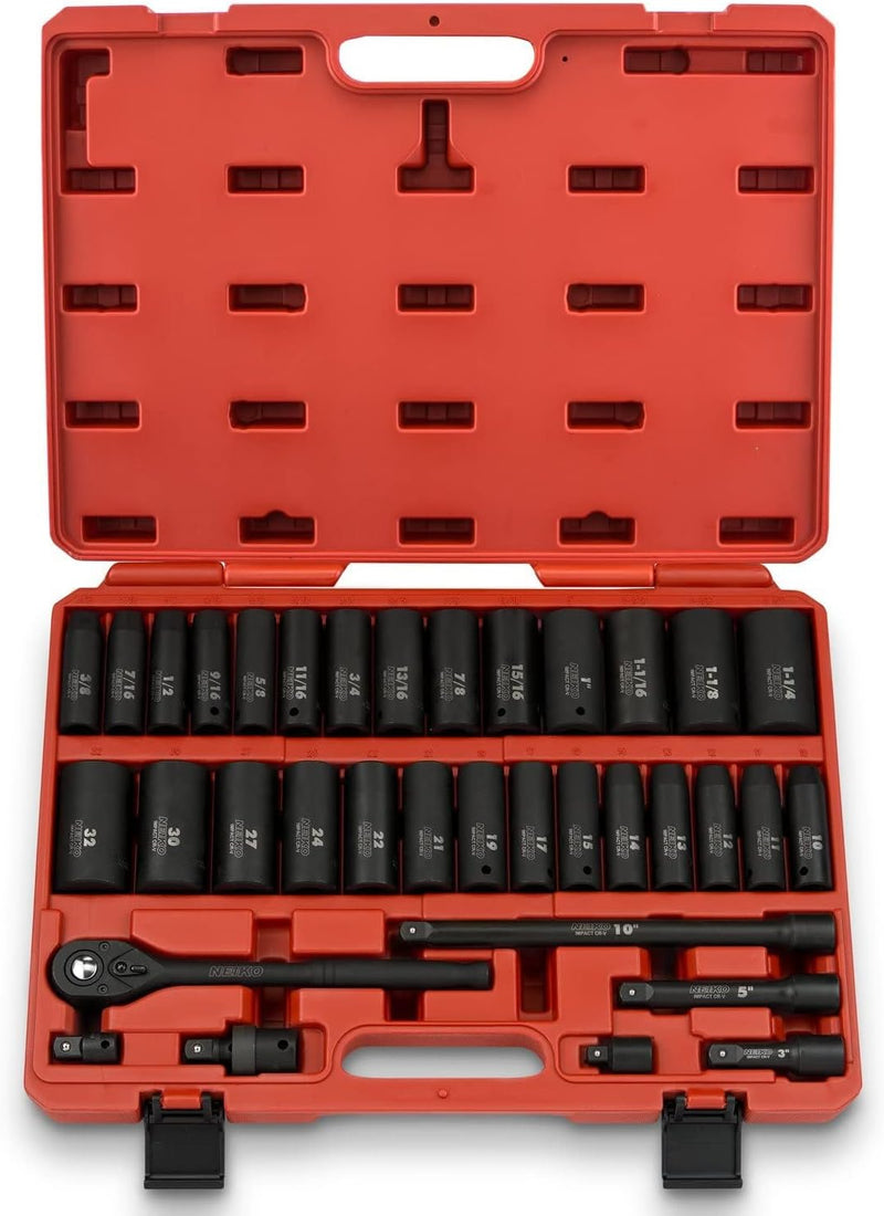 02448A 1/2" Drive Master Impact Socket Set, 65 Piece, Standard SAE (3/8"-1-1/4") & Metric (10-24 mm) Sizes, Deep & Shallow Kit, Includes Adapters & Ratchet Handle R1