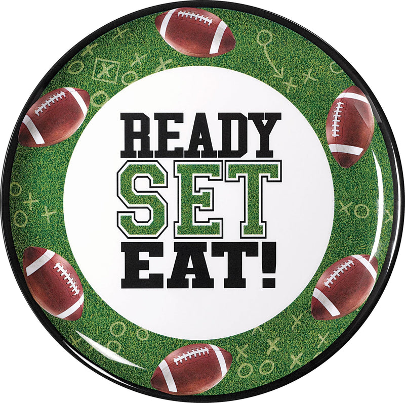 Football "Ready Set Eat" Round Plastic Melamine Reusable Serving Platter, Green, 13.5-in, for Sports Party F2