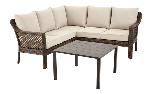 FOR LIVING Bracebridge All-Weather Wicker Outdoor Patio Sectional with Woodgrain Steel Table Top, Brown, 3-pc Q7