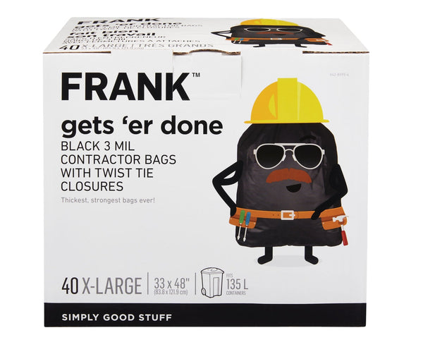 FRANK Extra-Large Twist-Tie Contractor Garbage Bags, 40-pk, Black, 135-L M6