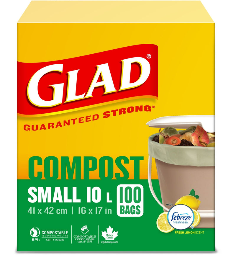 Glad Small 100% Compostable Febreze Lemon Scented Food Waste Bags, 100-pk, 10-L F6