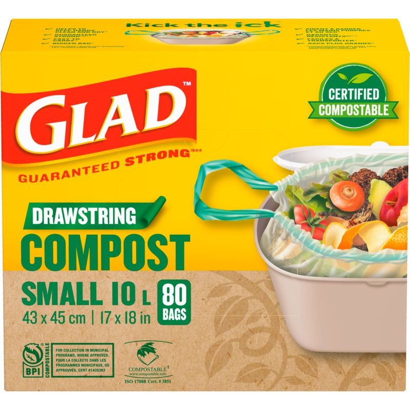 Glad Small Certified Compostable Drawstring Food Waste Bags, 80-pk, Opaque, 10-L J4
