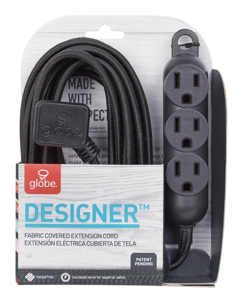 Globe 12-ft 16/3 Fabric Extension Cord, Right Angle Plug, 3 Outlets, Black P5