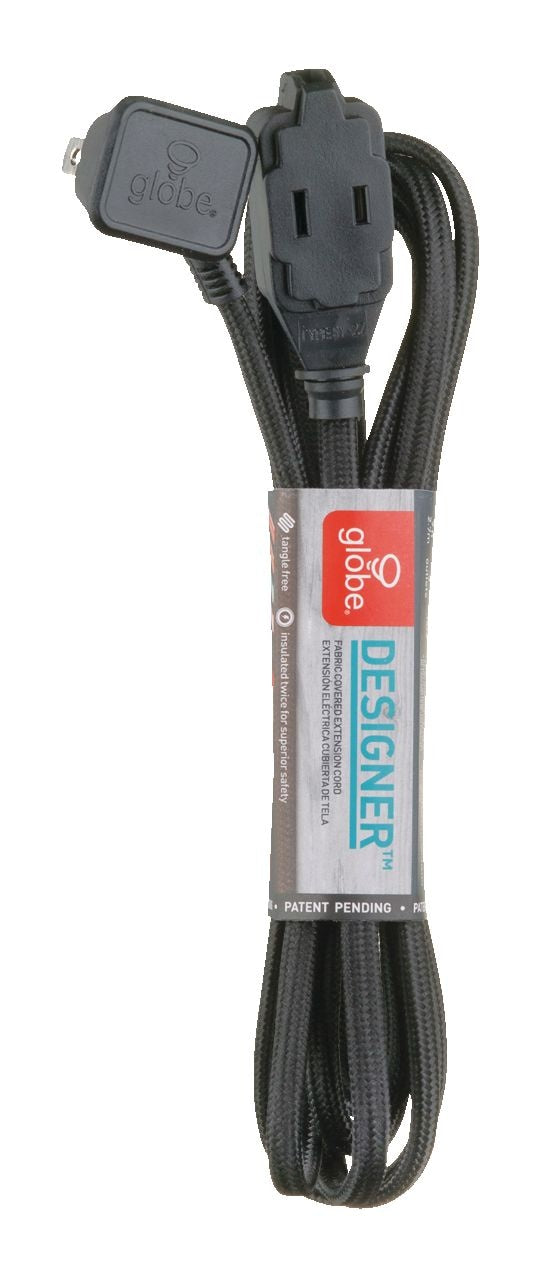 Globe 9-ft 16/2 Fabric Extension Cord, Right Angle Plug, 3 Outlets, Black L8