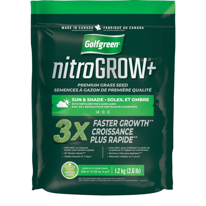 Golfgreen Nitrogrow+ Premium Nitrogen Enriched Sun and Shade Grass Seed with Fertilizer, 14-0-0, 1.2kg E5