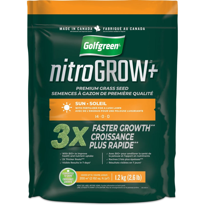 Golfgreen Nitrogrow+ Premium Nitrogen Enriched Sun Grass Seed with Fertilizer, 14-0-0, 1.2kg N2