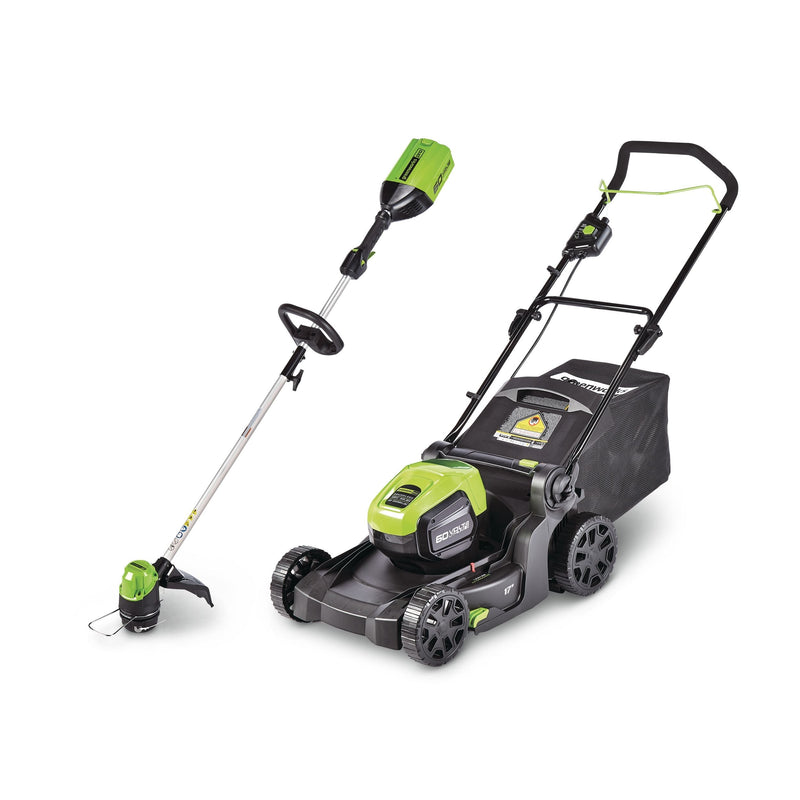 Greenworks 2-in-1 60V 4Ah Battery, Cordless Push Lawn Mower + String Trimmer, 17-in + 13-in M0