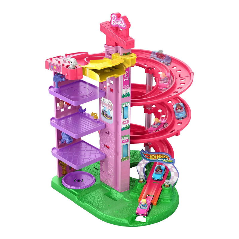 Hot Wheels Barbie Racerverse Toy Vehicle Track Set with 2 1:64 Die-Cast Vehicles and Figures V6