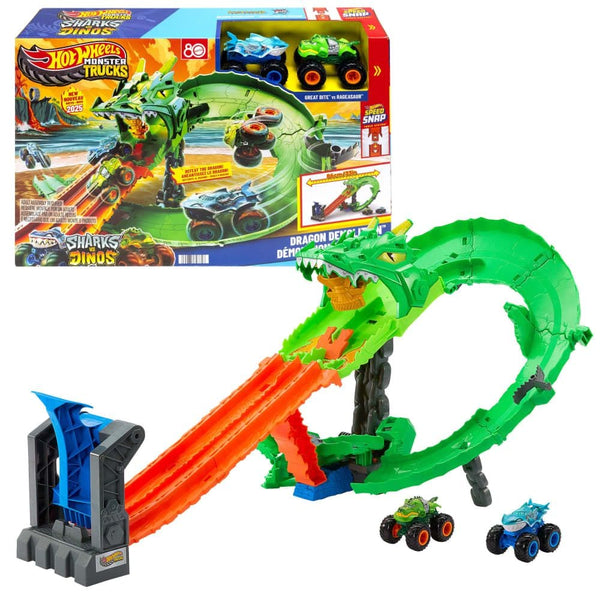 Hot Wheels Sharks vs. Dinos Dragon Destruction Playset with 2 1:64 Hot Wheels Monster Trucks E9