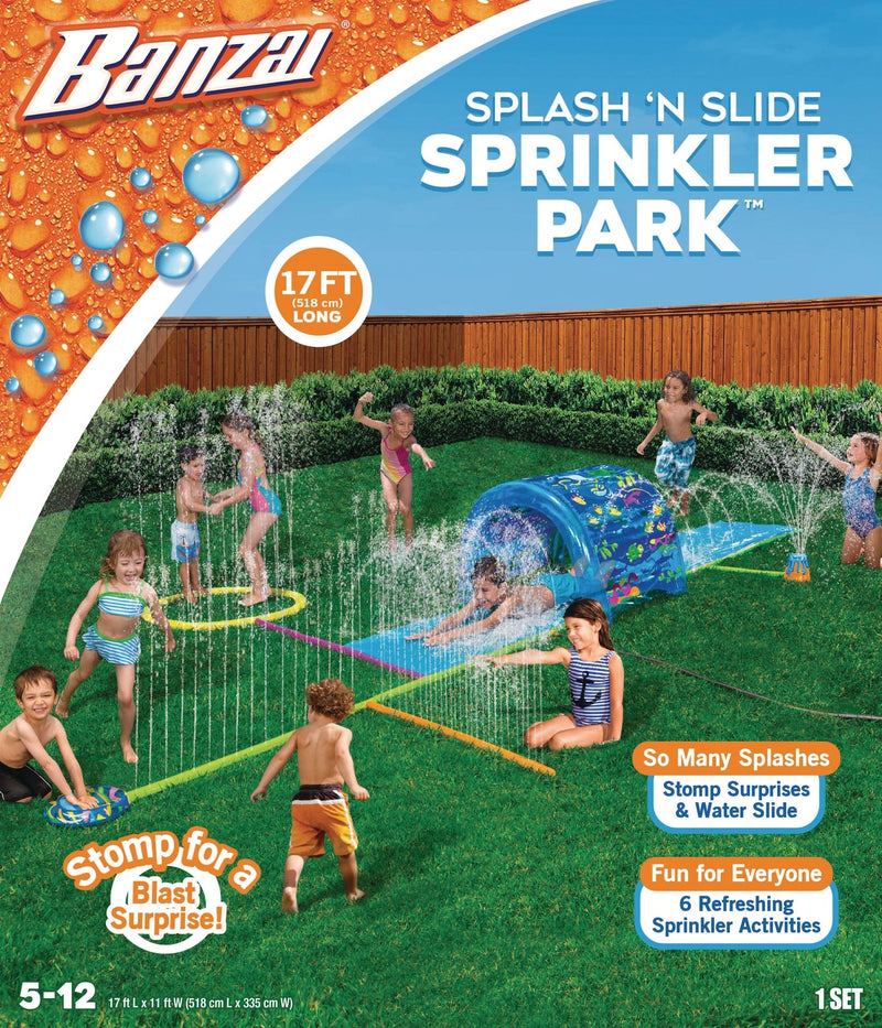 Inflatable Splash ‘N Slide Water Sprinkler Park, Blue, 17-ft, Ages 5+, for Beach/Pool Fun Activities K1