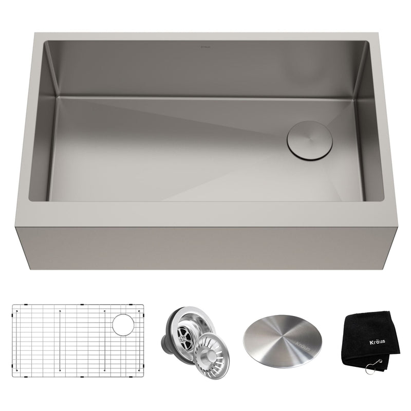 Kraus Kore Apron Front Farmhouse Stainless Steel Single Bowl Kitchen Sink with Add-Ons, 33x21x10-in S5
