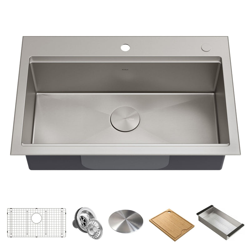 Kraus Kore Top/Undermount Stainless Steel Single Bowl Kitchen Sink with Add-Ons, 32x21x9-in K9