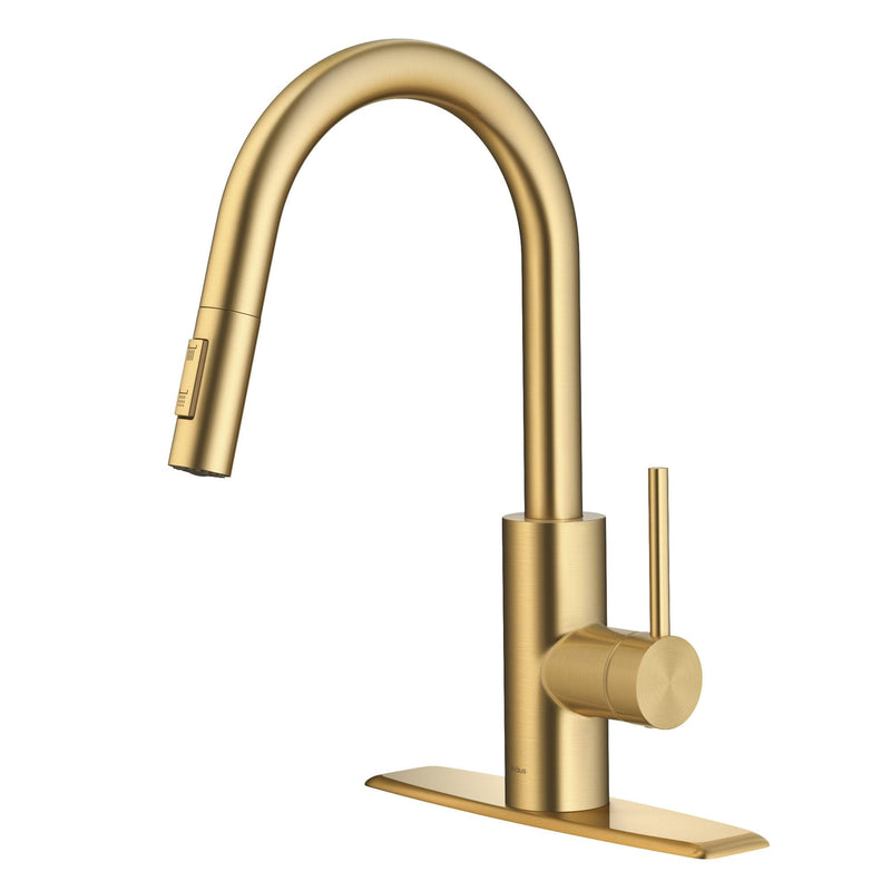 Kraus Oletto Single Handle High Arc Pull Down Kitchen Faucet, Brushed Brass T2