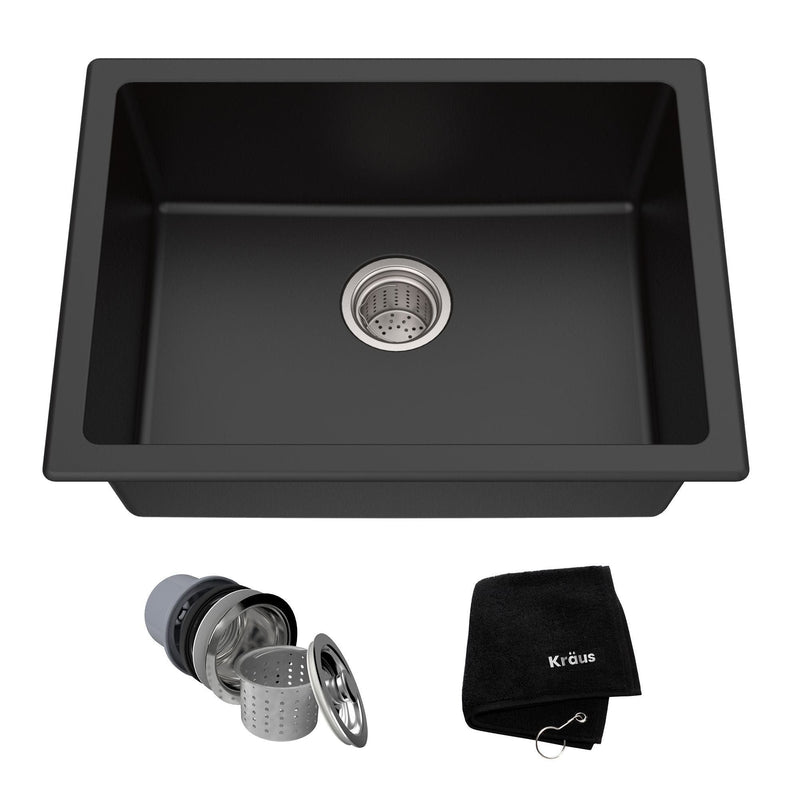 Kraus Quarza Top/Undermount Granite Single Bowl Kitchen Sink, Black Onyx, 24x18x9-in Z1