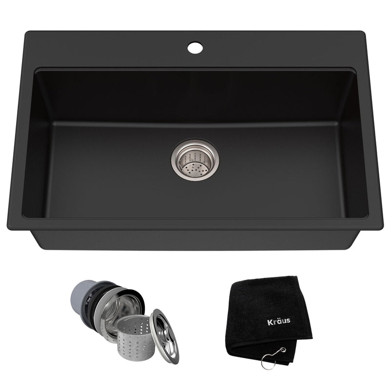 Kraus Quarza Top/Undermount Granite Single Bowl Kitchen Sink, Black Onyx, 31x20x9-in G3