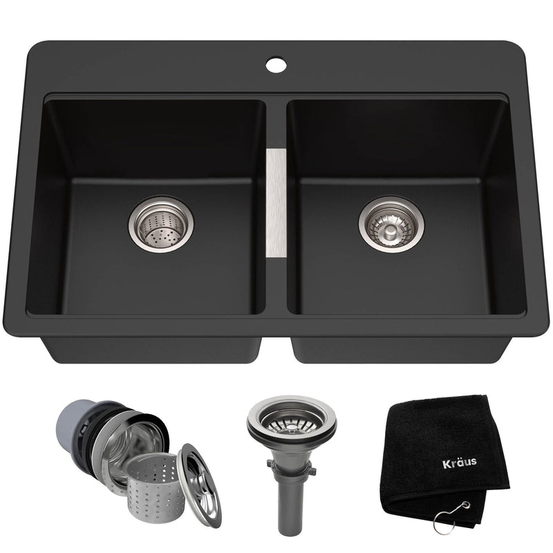 Kraus Quarza Undermount Granite Double Bowl Kitchen Sink, Black Onyx, 33x22x10-in P1