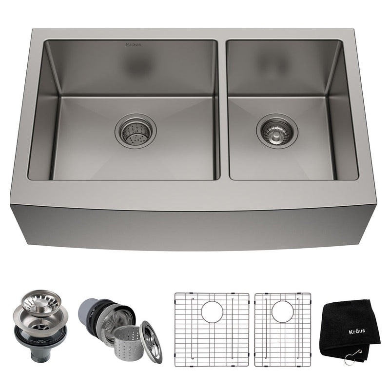 Kraus Standard PRO Apron Front Farmhouse Stainless Steel Double Bowl Kitchen Sink, 33x21x10-in F7