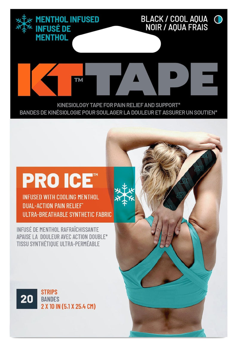 KT Tape Pro Ice Pre-Cut Elastic Kinesiology Sports Tape with Menthol, Black, 10 x 2-in Strips, 20-pk B6