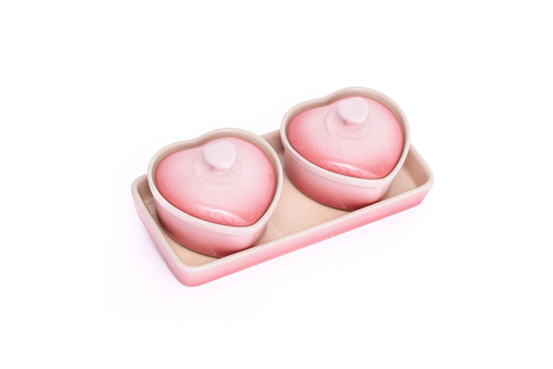 Lagostina Stoneware Heart Cocottes and Tray, Gradient Rose, 5-pc V3
